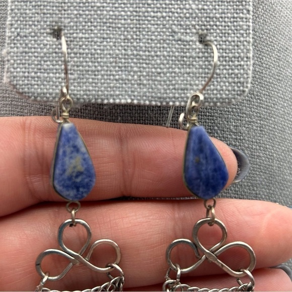 Boho Genuine Blue Stone Long Dangle Tassel Earrings Silver Tone Layered Knotted - Picture 4 of 9
